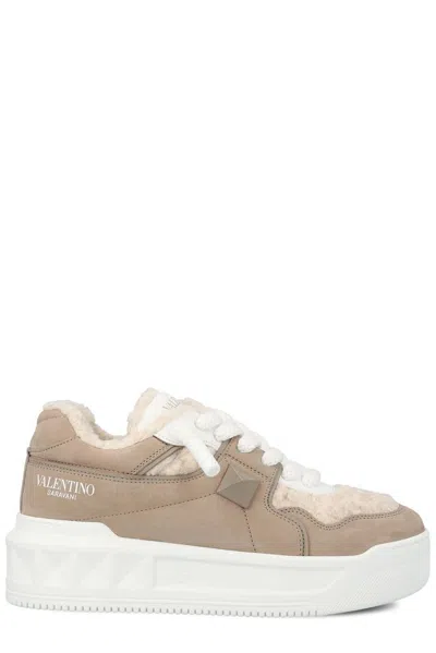 Valentino Garavani One Stud Xl Nubuck And Wool Sneaker In Beige