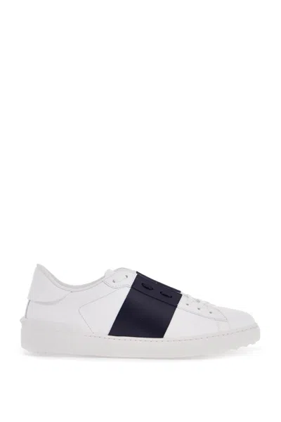 Valentino Garavani Navy Blue Leather Open Trainers With Black Band In White