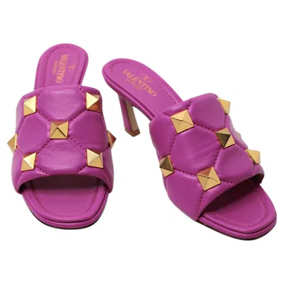 Pre-owned Valentino Garavani Orchid Roman Rockstud Quilted Leather Mules In Purple
