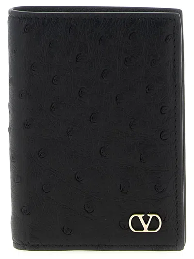 Valentino Garavani Ostrich Leather Vlogo Card Case In Black