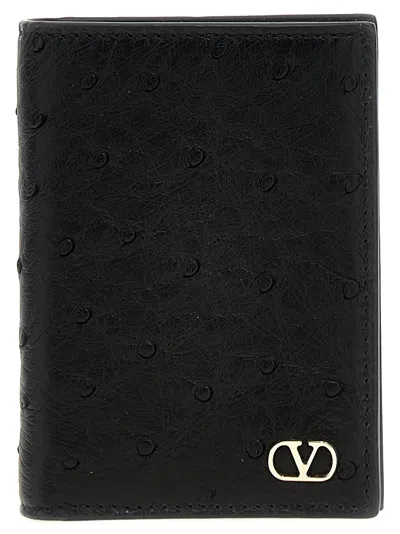 Valentino Garavani Ostrich Leather With Vlogo Card Case In Black