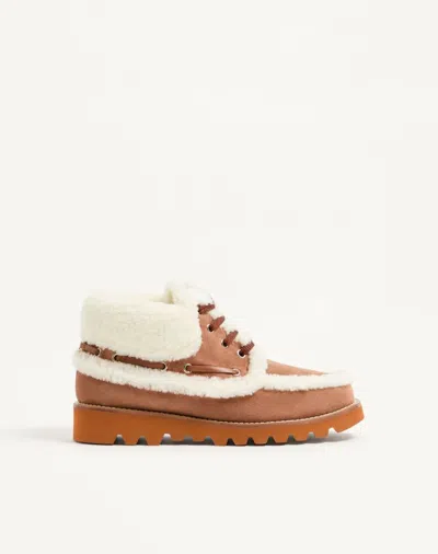Valentino Garavani Palm Avenue Ankle Boot In Split-grain Leather And Wool 25mm Woman Tobacco/natural In Brown