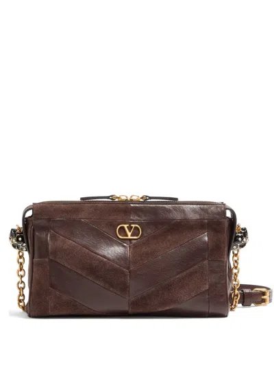 Valentino Garavani Valentino Panthea Small Shoulder Bag In Suede And Nappa With Chevron Pattern In Brown