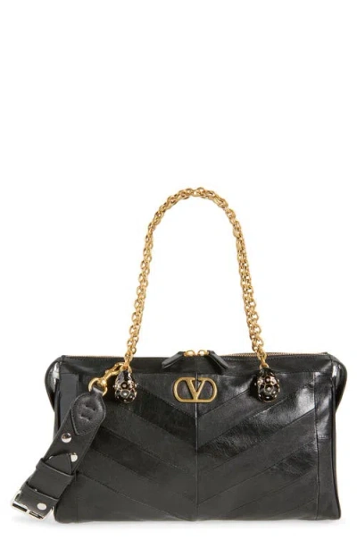 Valentino Garavani Panthea Chevron Patchwork Leather Tote In Black