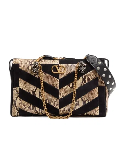 Valentino Garavani Panthea Python And Suede Chevron Motif Shoulder Bag In Black