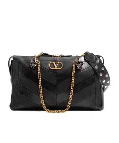Valentino Garavani Panthea Shoulder Bag In Nappa Leather With Chevron Pattern In Black
