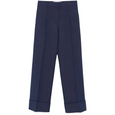 Valentino Wool And Silk Trousers With Wide Leg In Blue