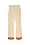 Valentino Wool Trousers With Embroidered Hem And Wide Leg In Neutral