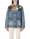 Valentino Denim Jacket Padded Collared Neck Patchwork In Blue