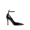 Valentino Garavani Pointed Toe Patent Leather Pumps With Logo Ankle Buckle In Black