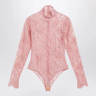 Valentino Garavani Peach Floral Lace Bodysuit In Pink