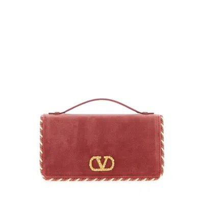 Valentino Garavani Pink Velvet Vlogo Signature Handbag In Sand