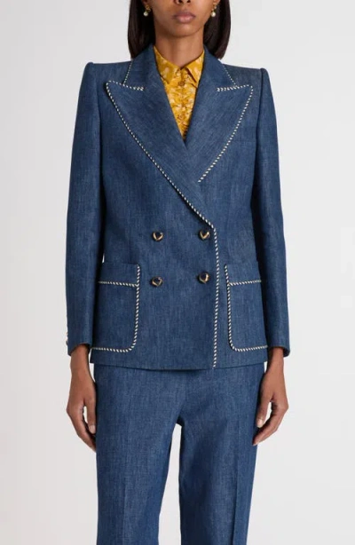 Valentino Garavani Piped Double Breasted Denim Blazer