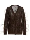 Valentino 'feather V-neck Sheer Cardigan With Ribbed Cuffs' In Brown