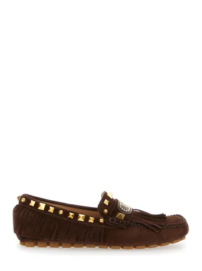Valentino Garavani 'plaster Caster' Brown Loafers With Vlogo On The Front And Fringed Details In Sue