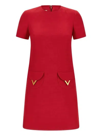 Valentino Garavani Pocket-detail And V Logo Mini Dress Clothing In Red