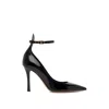 Valentino Garavani Pointed Toe Patent Leather Pumps With Logo Ankle Buckle In Black