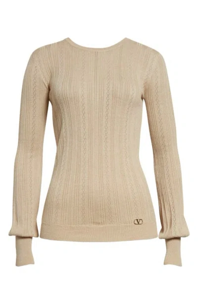 Valentino Garavani Pointelle Knit Virgin Wool Sweater In Beige