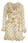 Valentino Belted Ruffled Polka-dot Wool And Silk-blend Mini Dress In Ivory/black