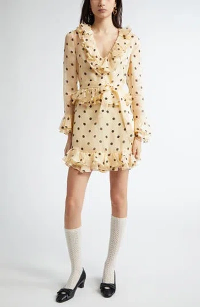 Valentino Garavani Polka Dot Long Sleeve Sheer Silk Organza Minidress In Neutral