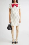Valentino Garavani Polka Dot Satin Bow Tweed Shift Dress In White