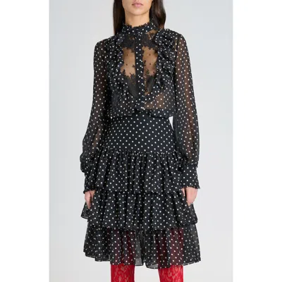 Valentino Garavani Polka Dot Tulle Bib Button-up Shirt In Black