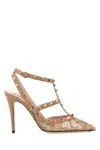 Valentino Garavani Powder Pink Lace And Suede Rockstud Pumps In Brown