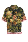 Valentino Linen Shirt Floral Print Fringed Edge In Green