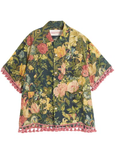 Valentino Linen Bowling Shirt With Apres L'hiver Print In Multi