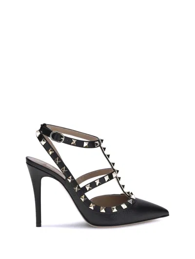 Valentino Garavani Rockstud Garnet Calfskin Straps Pumps 100mm In Black