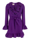 Valentino Garavani Purple Short Dress With V-neck And Ruffles In Virgin Wool And Silk Blend Woman In Multicolor