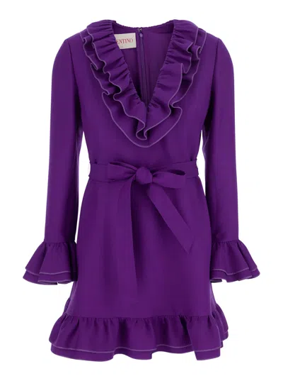 VALENTINO VALENTINO GARAVANI PURPLE SHORT DRESS WITH V-NECK AND RUFFLES IN VIRGIN WOOL AND SILK BLEND WOMAN