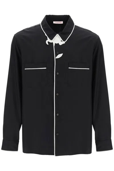 Valentino Men's Silk Poplin Pajama Shirt With Flower Embroidery In Black