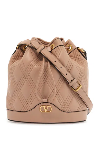 Valentino Garavani Quilted Pink Leather Bucket Crossbody Bag With Golden Details