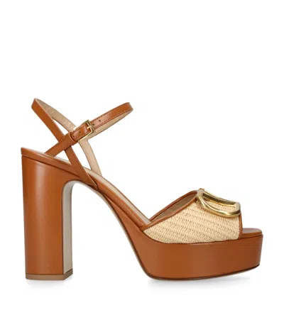 Valentino Garavani Raffia Vlogo Signature Heeled Platform Sandals 115 In Beige