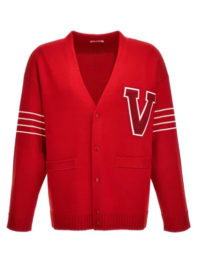 Valentino Garavani Red And White Wool Blend Cardigan In Red Ivory