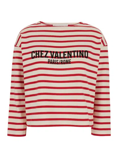 VALENTINO VALENTINO GARAVANI RED CREWNECK T-SHIRT WITH LOGO LETTERING ON THE FRONT AND ALL-OVER STRIPED MOTIF 