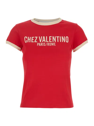 VALENTINO VALENTINO GARAVANI RED T-SHIRT WITH CHEZ VALENTINO PRINT ON THE FRONT IN COTTON WOMAN