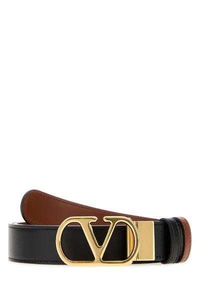 Valentino Garavani Reversible Leather Belt With 3 Cm Golden Metal Finish In Black