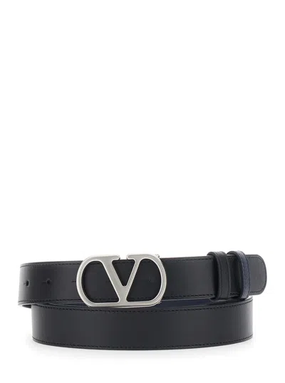 Valentino Garavani Reversible Leather Belt With Vlogo Buckle And 3 Cm Height In Black