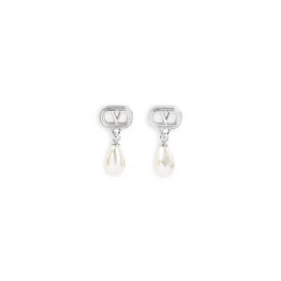 Valentino Garavani Rhodium Cream Crystals Earrings In Silver