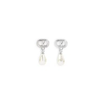 Valentino Garavani Rhodium Cream Crystals Earrings In Silver