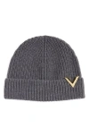 Valentino V-plaque Virgin-wool Beanie In Grigio Melange