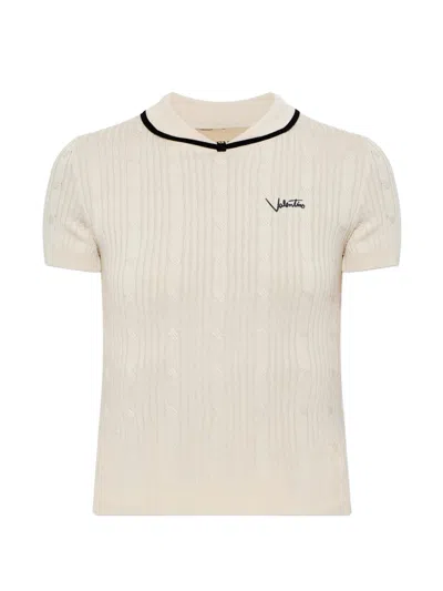 Valentino Garavani Ribbed Hems Polo Shirt With Short Sleeves In Bianco