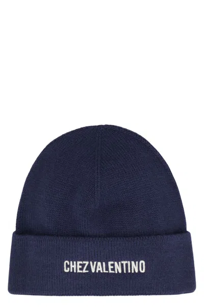 Valentino Garavani Cotton And Wool Blend Beanie With Turn-up Brim In Blue