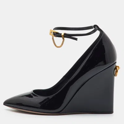 Pre-owned Valentino Garavani Garavani Ringstud Size 36 Black Patent Leather Ankle Strap Wedge Pumps