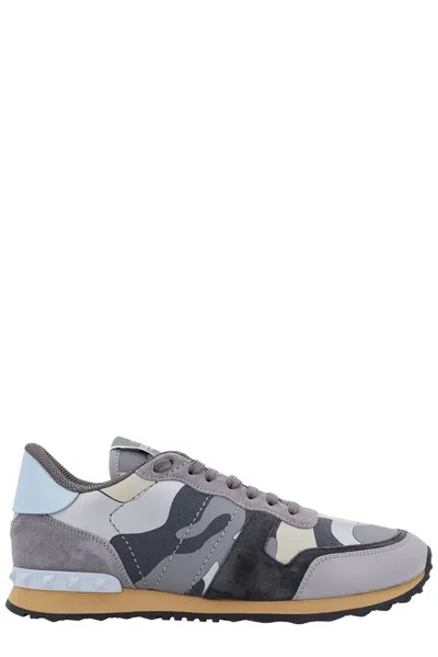 Valentino Garavani Leather And Suede Sneakers With Camouflage Print In Grey