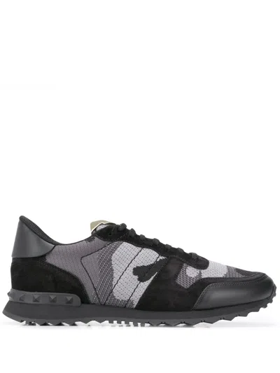 Valentino Garavani Mans Rockrunner Camouflage Noir Leather And Fabric Sneakers In Black