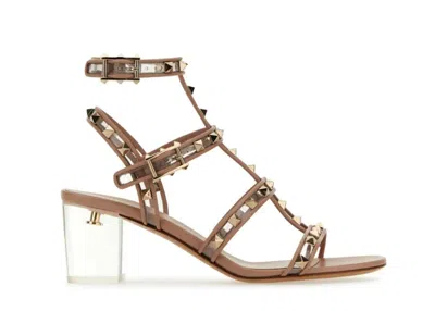 Pre-owned Valentino Garavani Garavani Rockstud Ankle Blockheeled Sandals Pink (women's) Sneakers In Beige