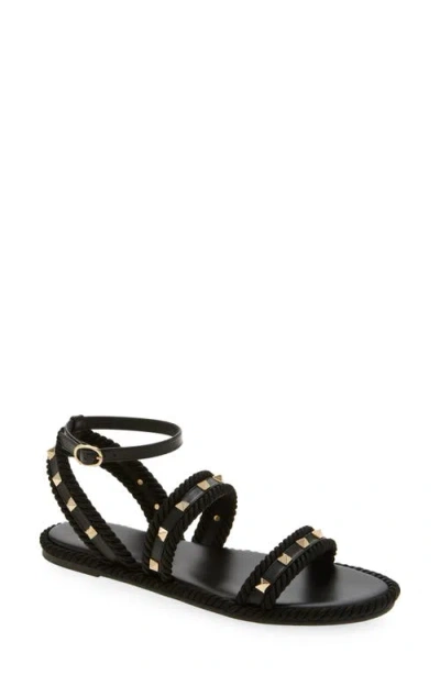 Valentino Garavani Rockstud Ankle Strap Flat Sandal In Black